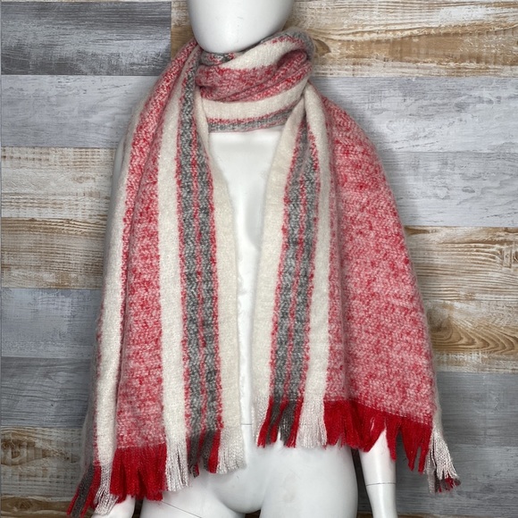 Free People Red Cream Brushed Racer Stripe Fringe Large Blanket Scarf - Picture 1 of 5